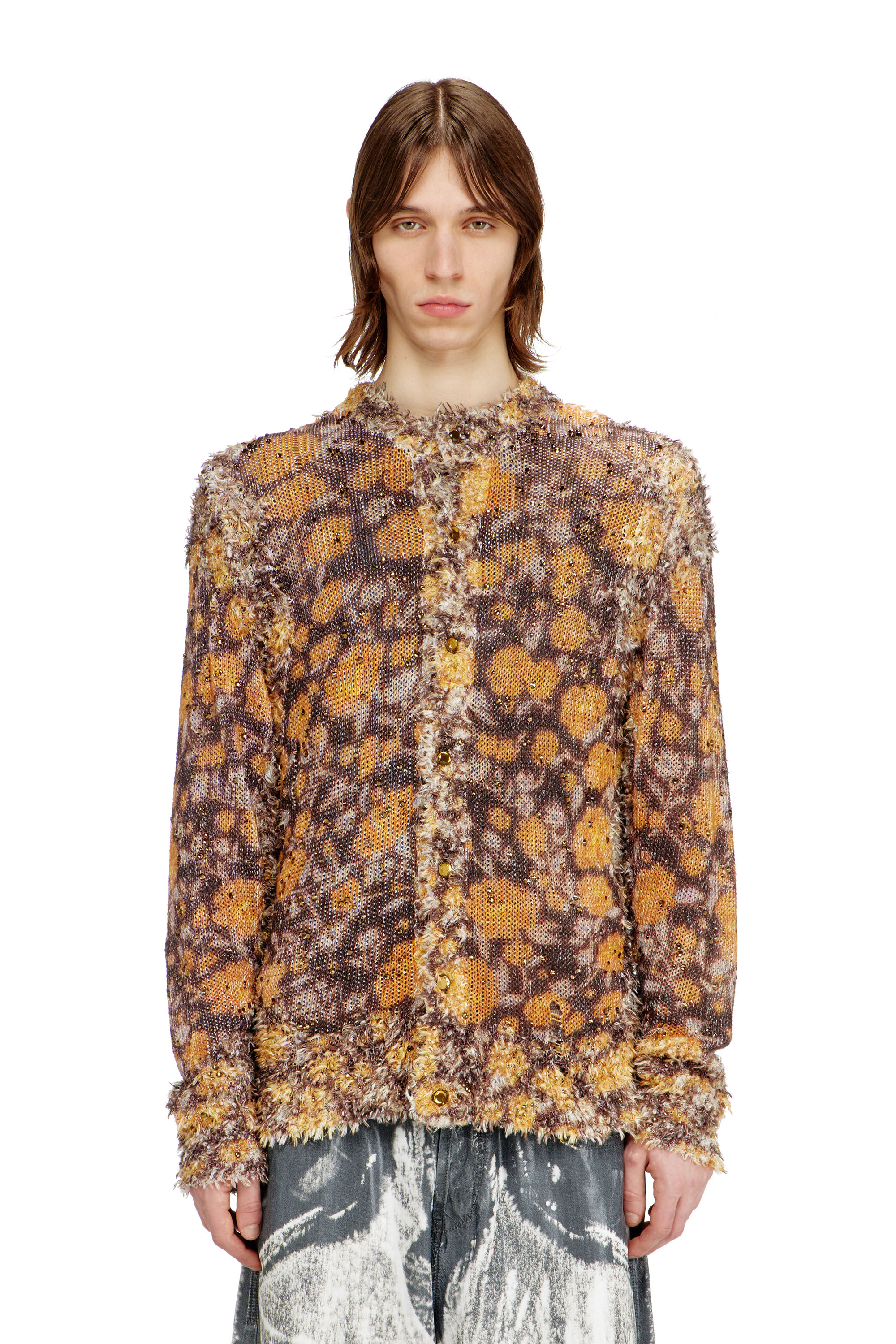 Diesel - K-LINNUS, Man's Printed linen-blend cardigan with crystals in Brown/Orange - 3
