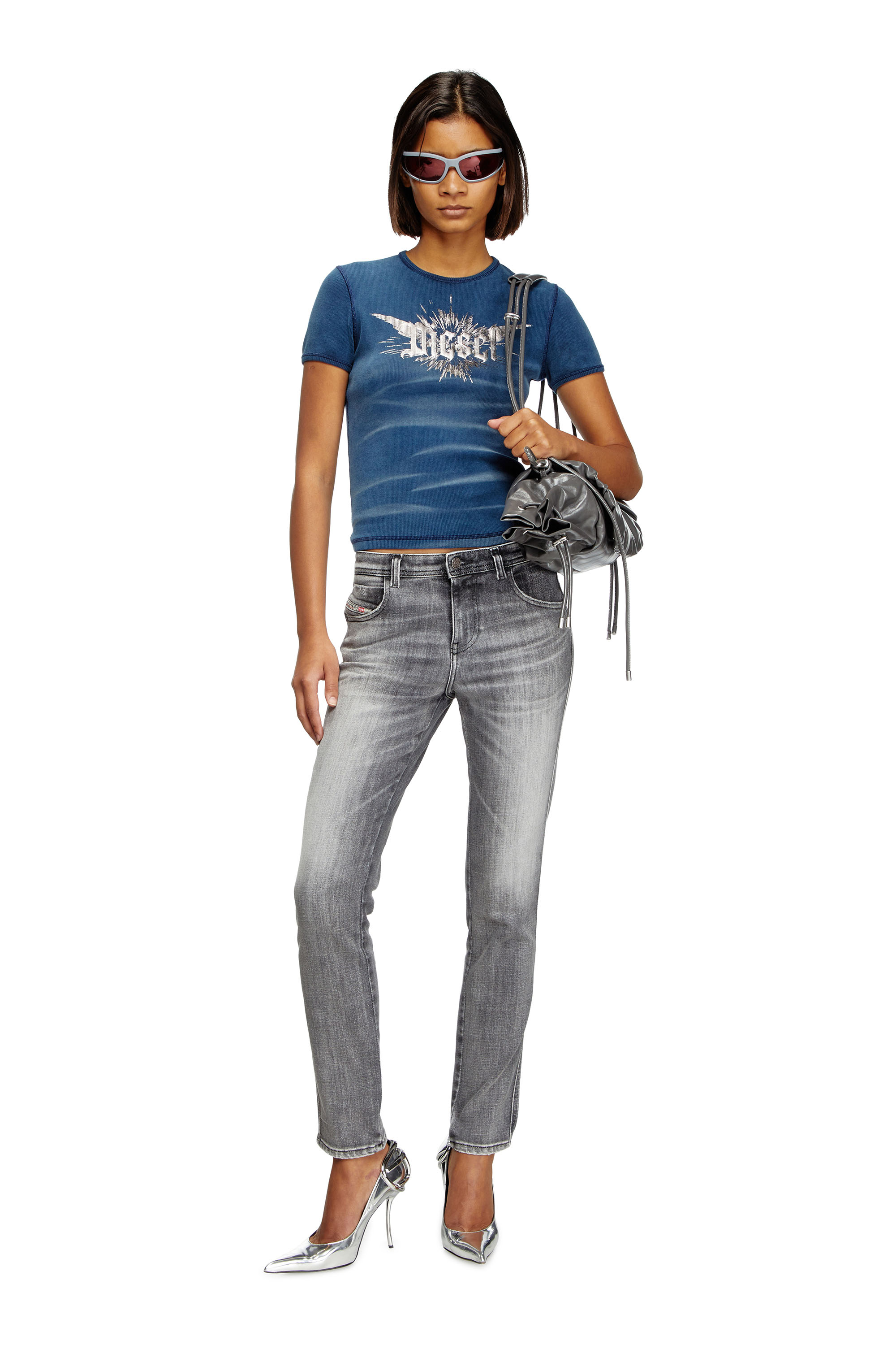 Diesel - T-ELE-LONG-P2, Woman's T-shirt with winged Diesel foil print in Blue - 1