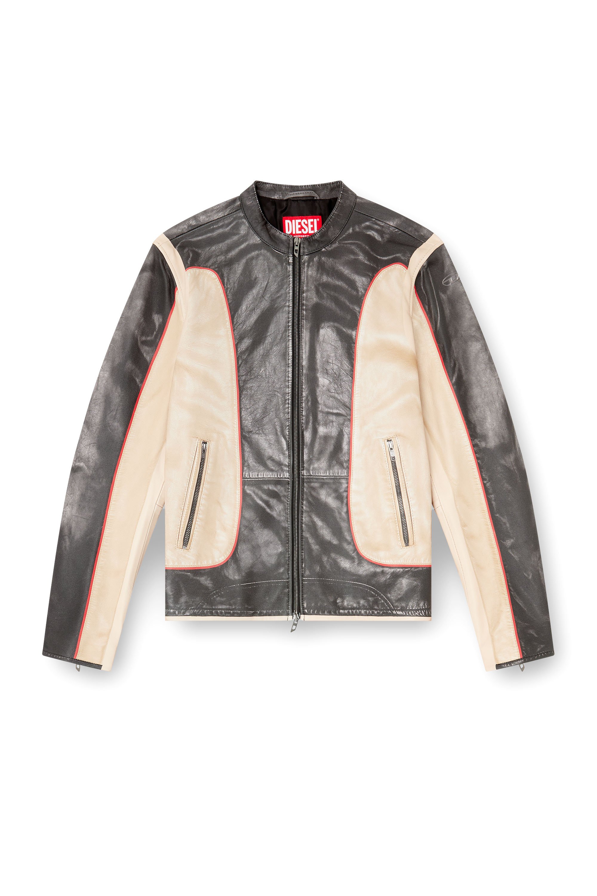 Diesel - L-EVERT, Man's Trompe l'oeil-effect leather biker jacket in Beige/Black - 3