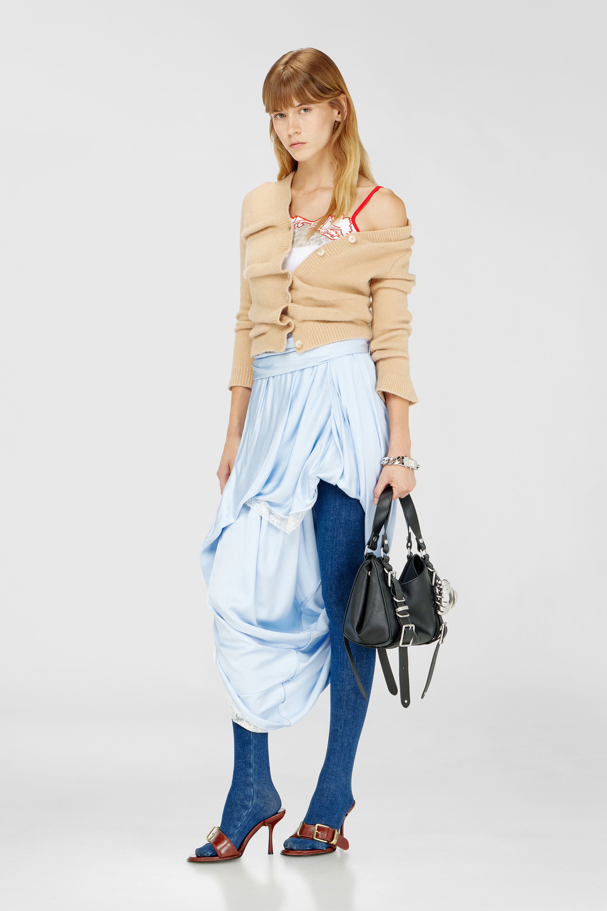 Draped satin midi skirt with lace trim