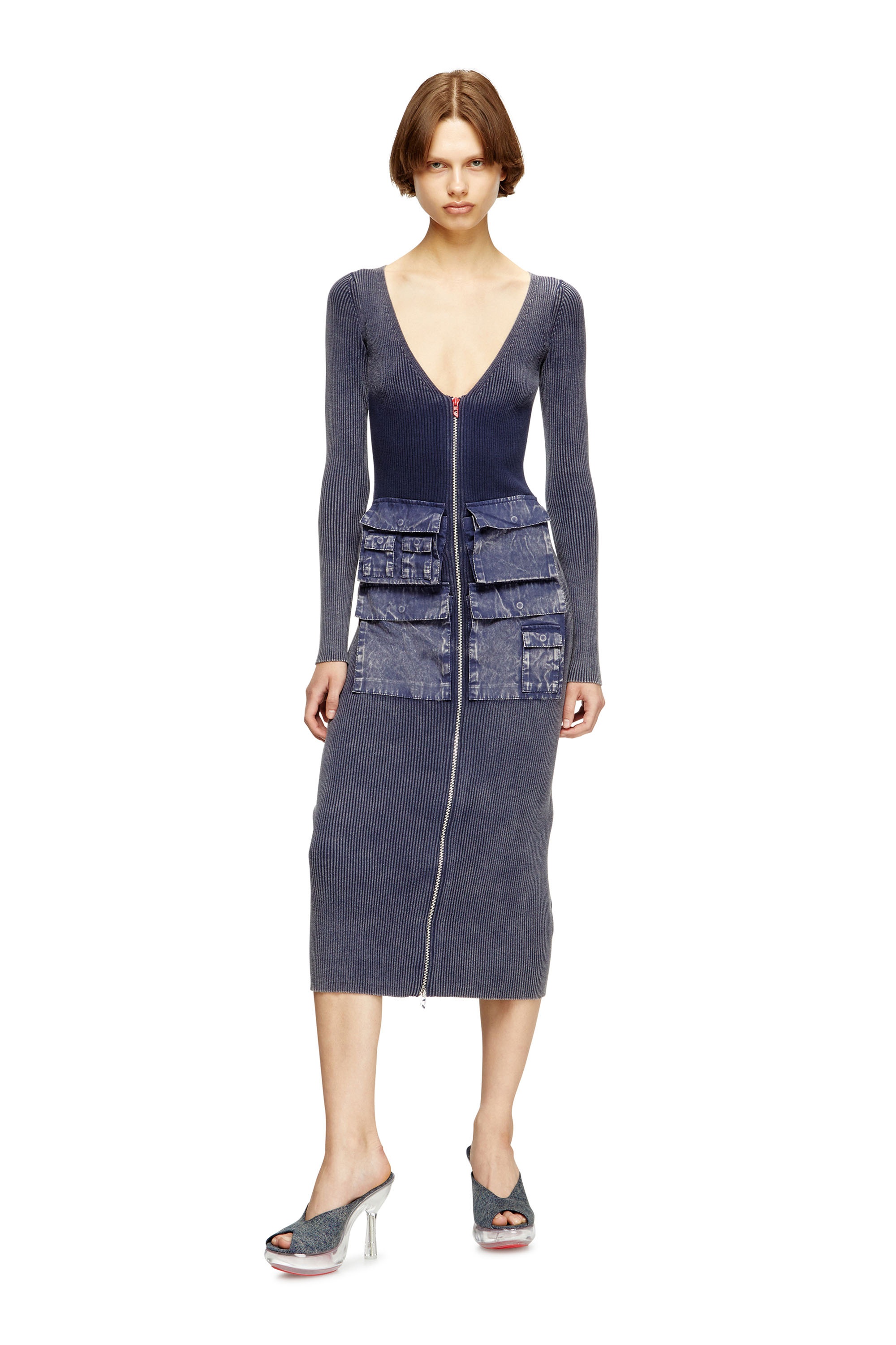 Diesel - M-MELTI-LS, Woman's Ribbed midi dress with denim treatment in null - 3