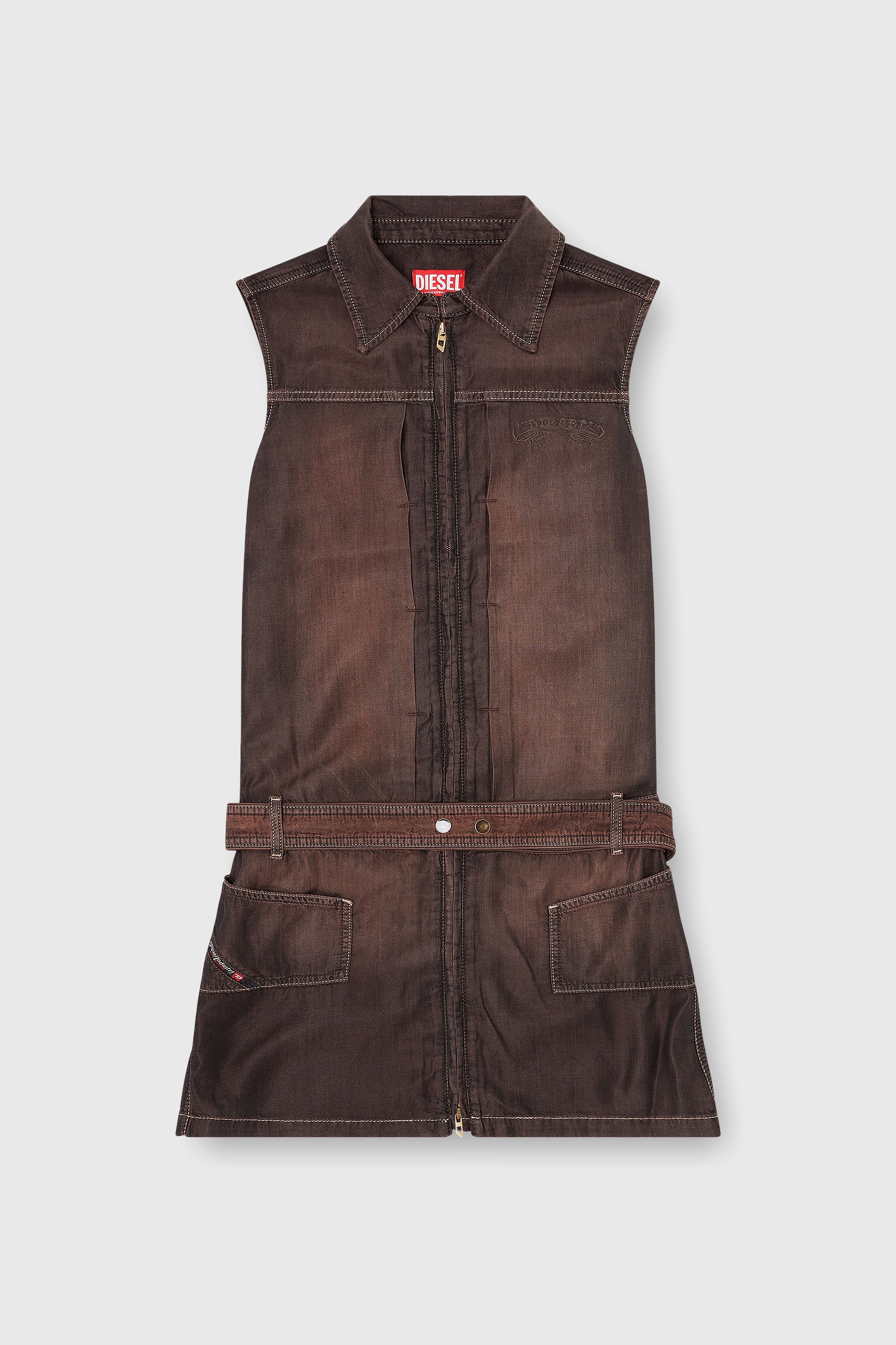 Diesel - DE-EDROS-S, Woman's Minidress in fluid coated denim in Brown - 1