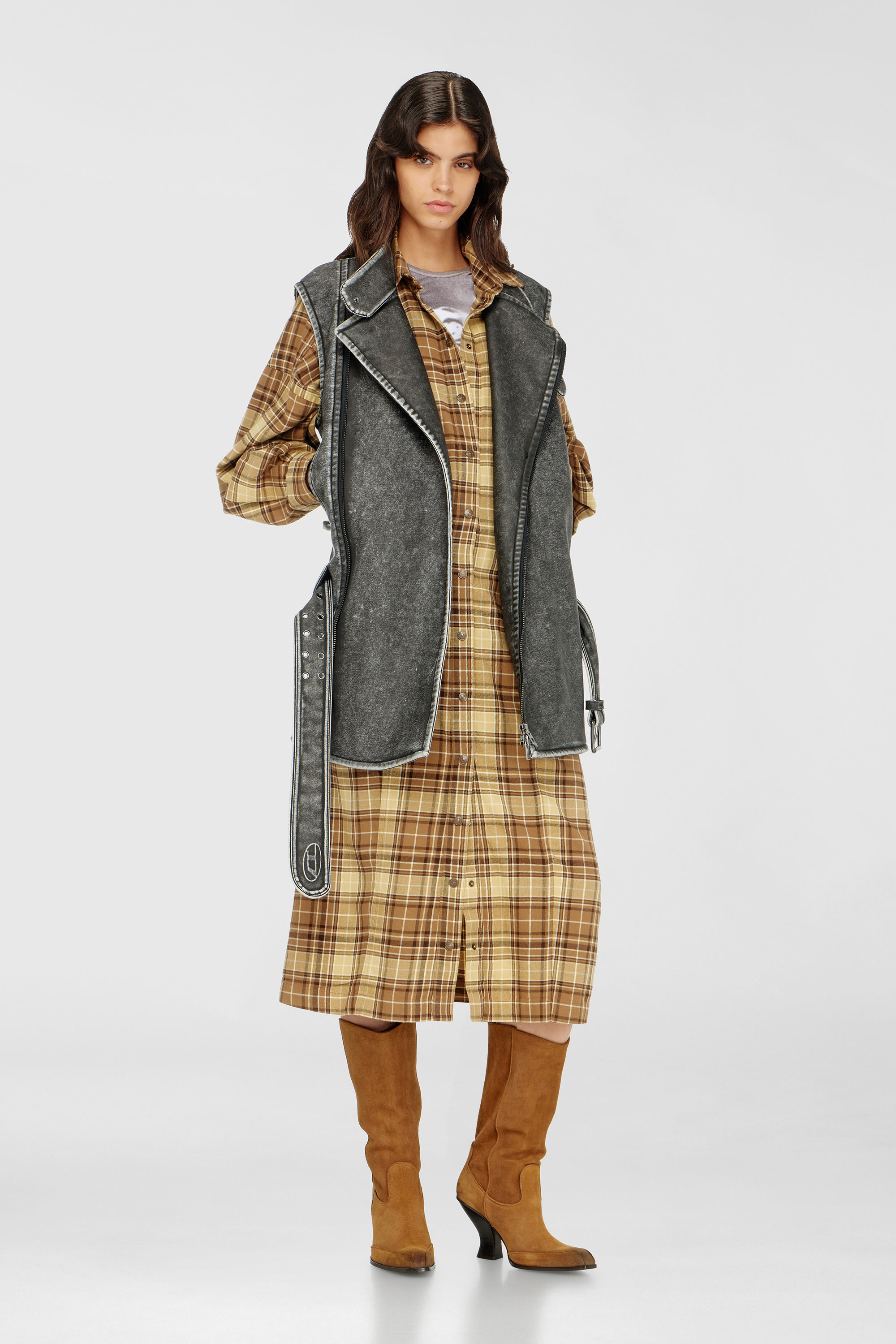Diesel - D-EDALUS, Woman's Midi dress in check flannel with wide belt in Brown/Yellow - 2