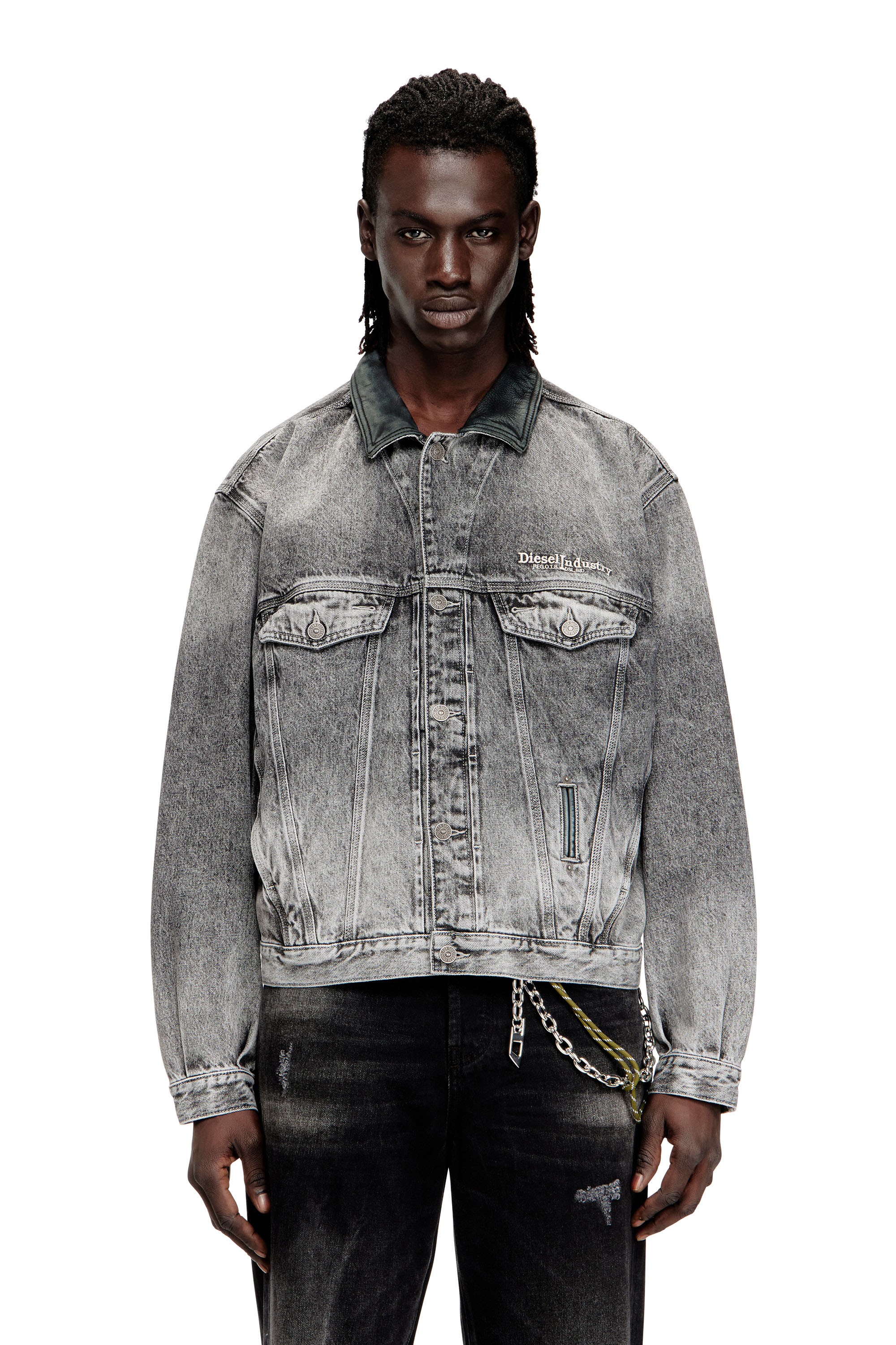 Diesel - D-DENVER-S, Unisex's Denim trucker jacket with tonal leather trims in null - 1
