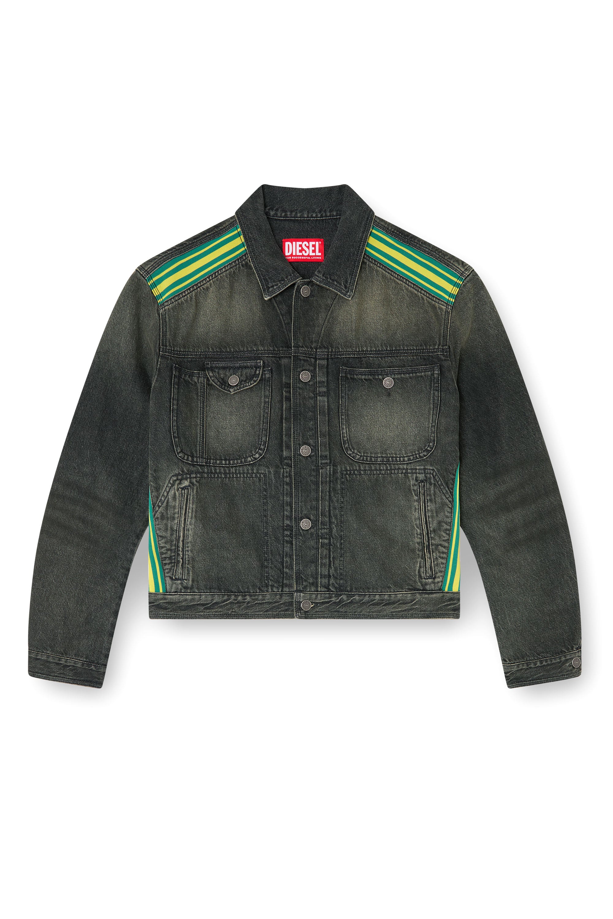 Diesel - D-BAS-FSJ1, Man's Trucker jacket with striped shoulder bands in Black/Dark grey - 2