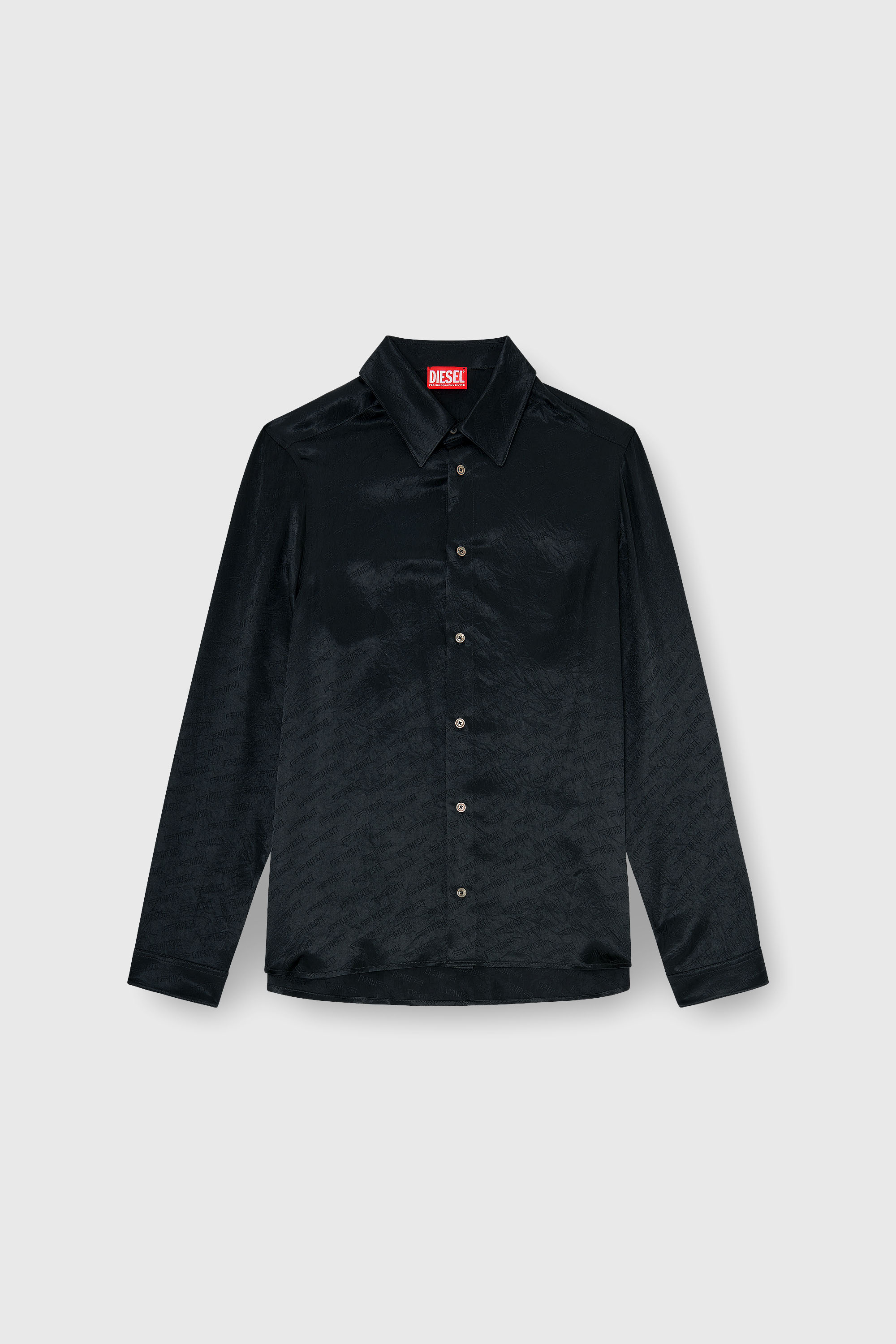 Diesel - S-KINNY-EFBZ, Man's Shirt in logo-jacquard crinkled satin in Black - 2