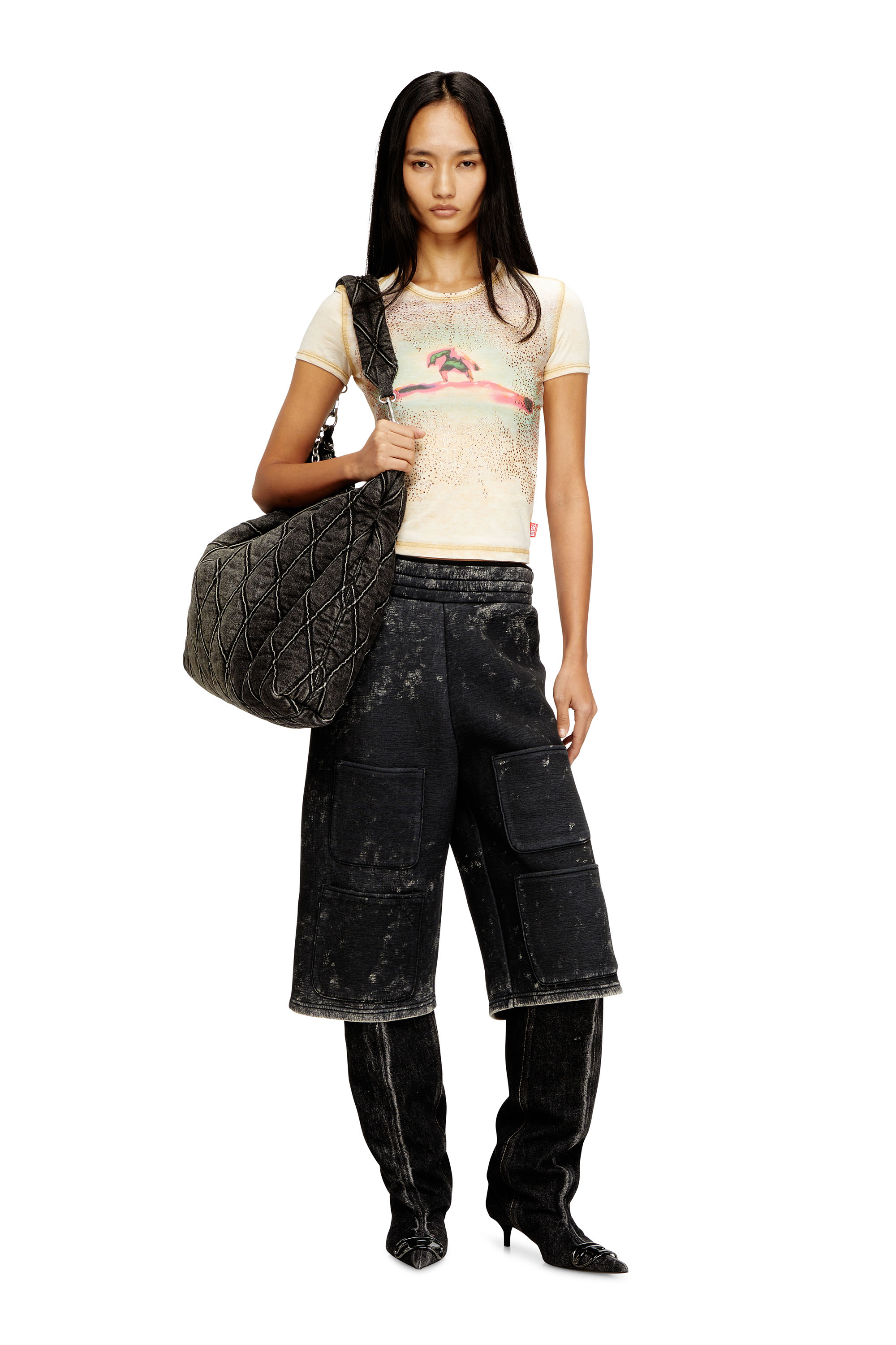 Diesel - T-UNCUTIES-LONG-S10, Woman's Slim T-shirt with rhinestones in Beige - 1