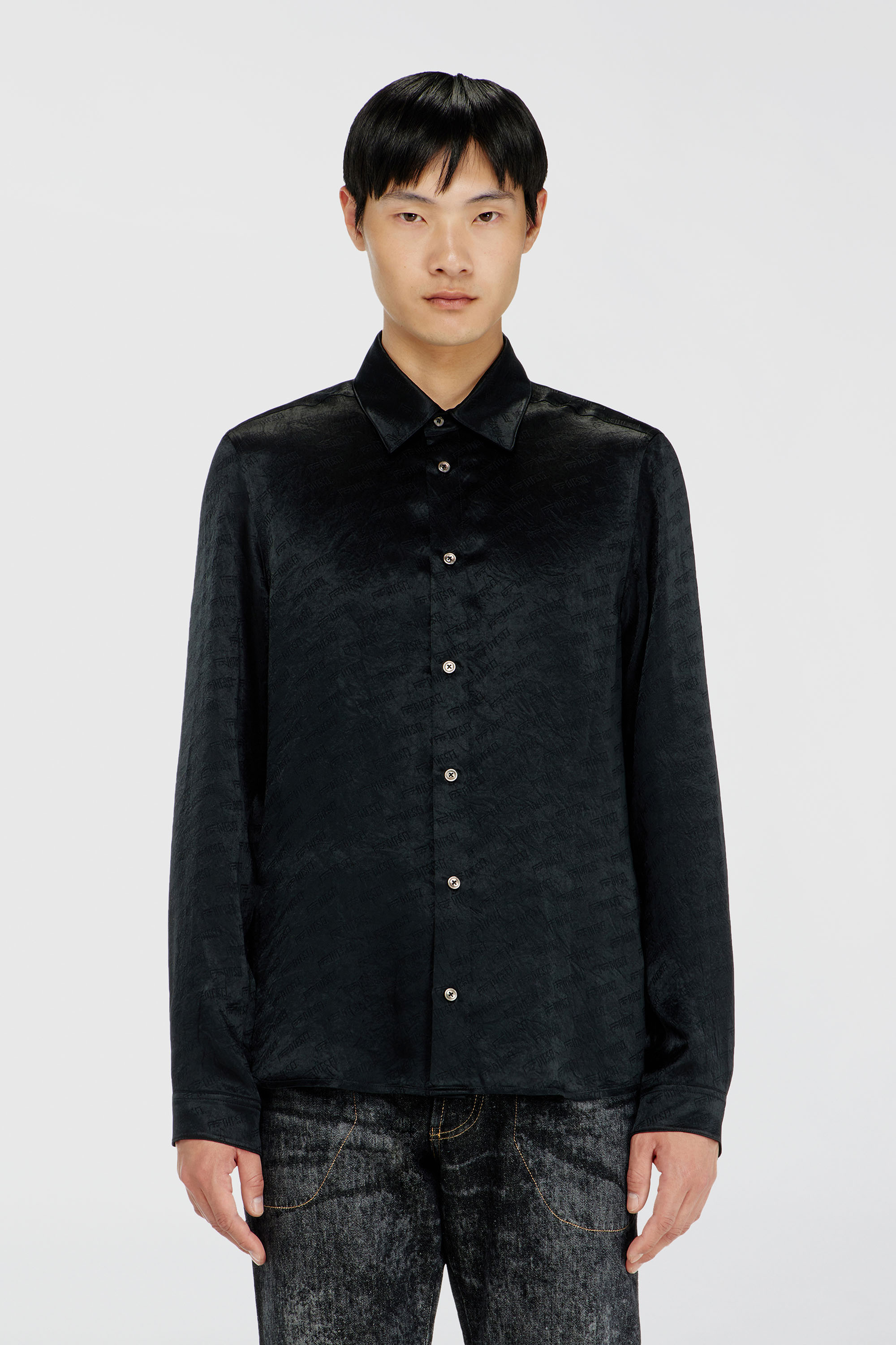 Diesel - S-KINNY-EFBZ, Man's Shirt in logo-jacquard crinkled satin in Black - 1