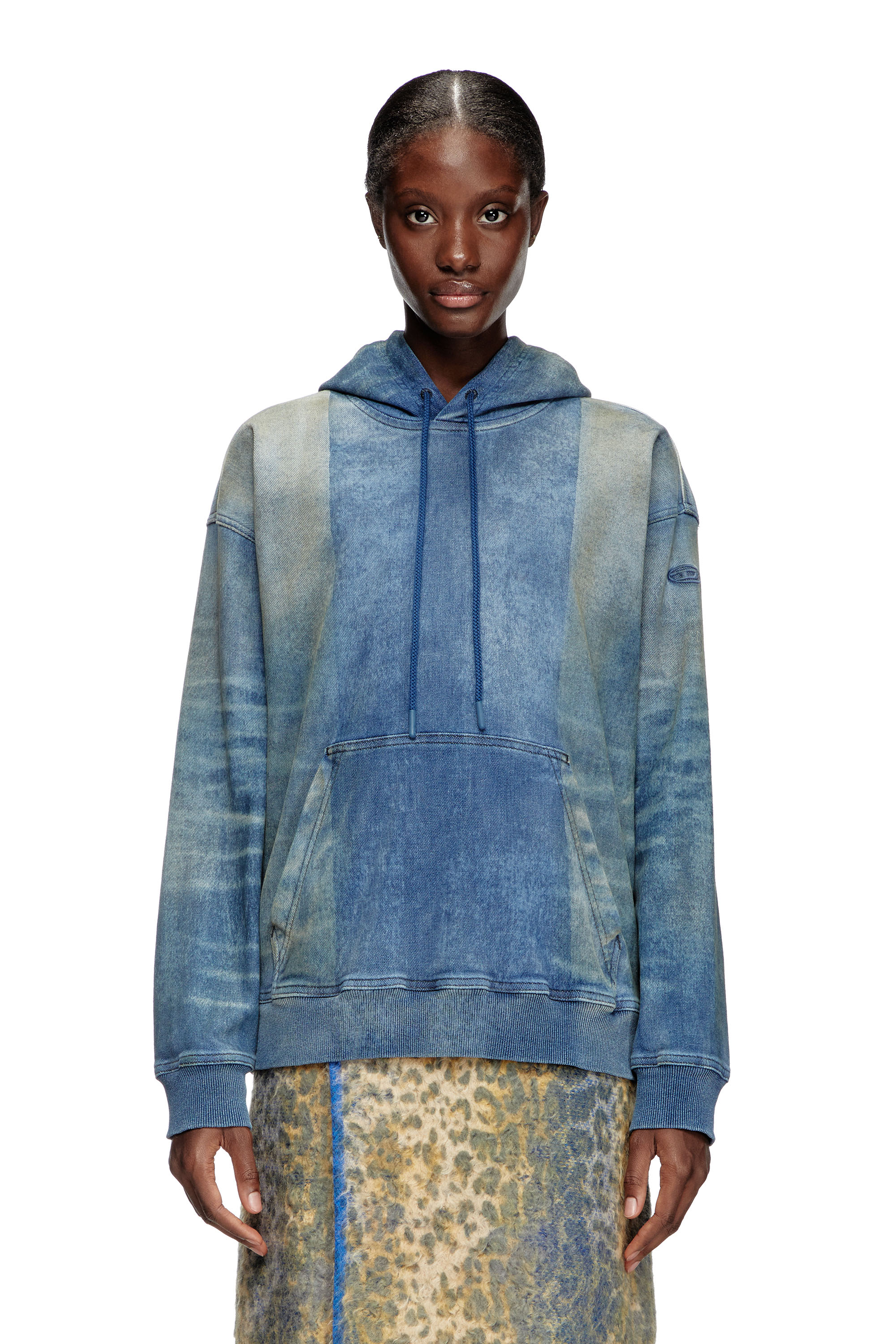 Diesel - D-UM-RIB-FSF TRACK, Unisex's Hoodie in Track Denim with solarised folds in Medium blue - 1