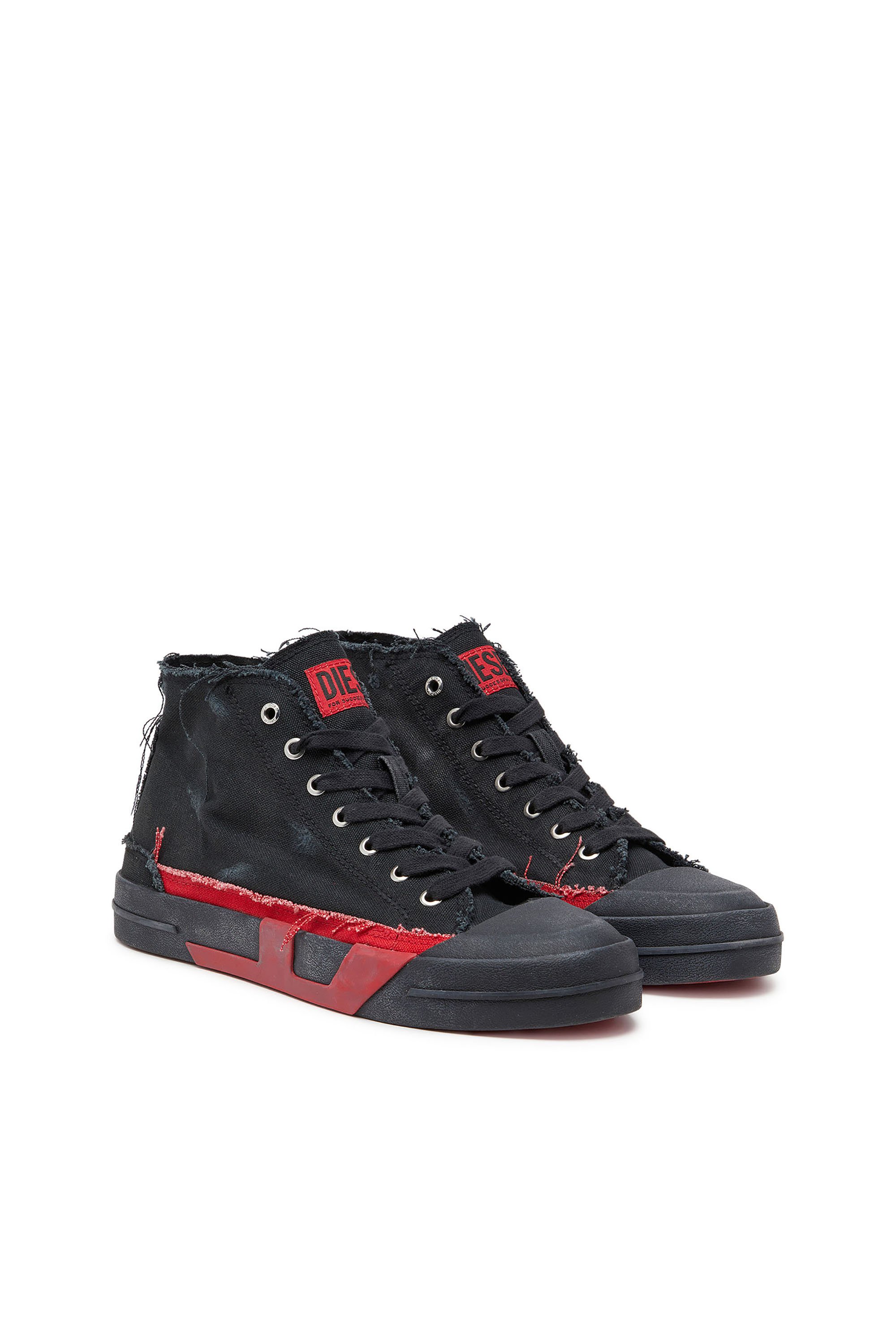 Diesel - S-D-VERSE MID II, Man's Distressed high-top sneakers in canvas in Black/Red - 2