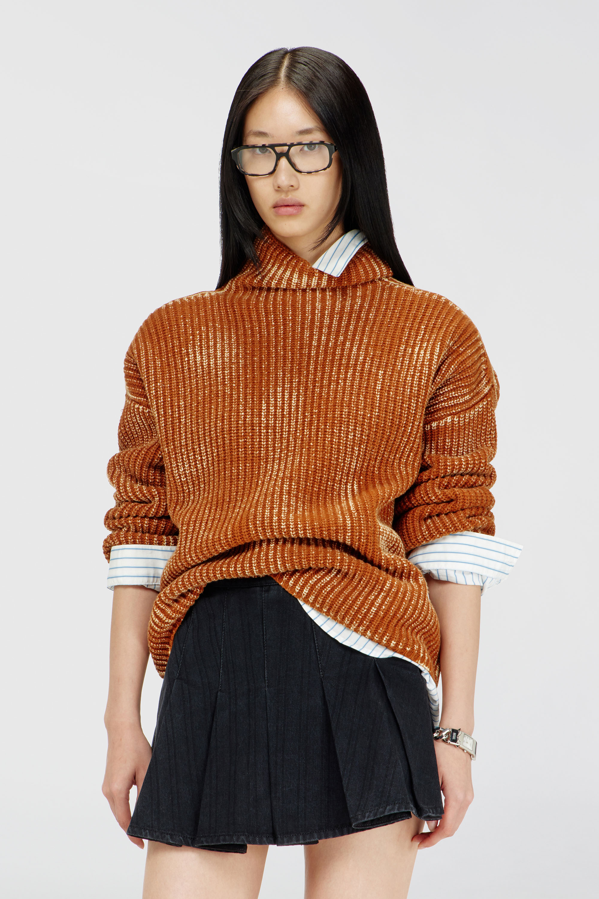 Diesel - M-AMET, Woman's Funnel-neck jumper in ribbed wool blend in Brown - 1