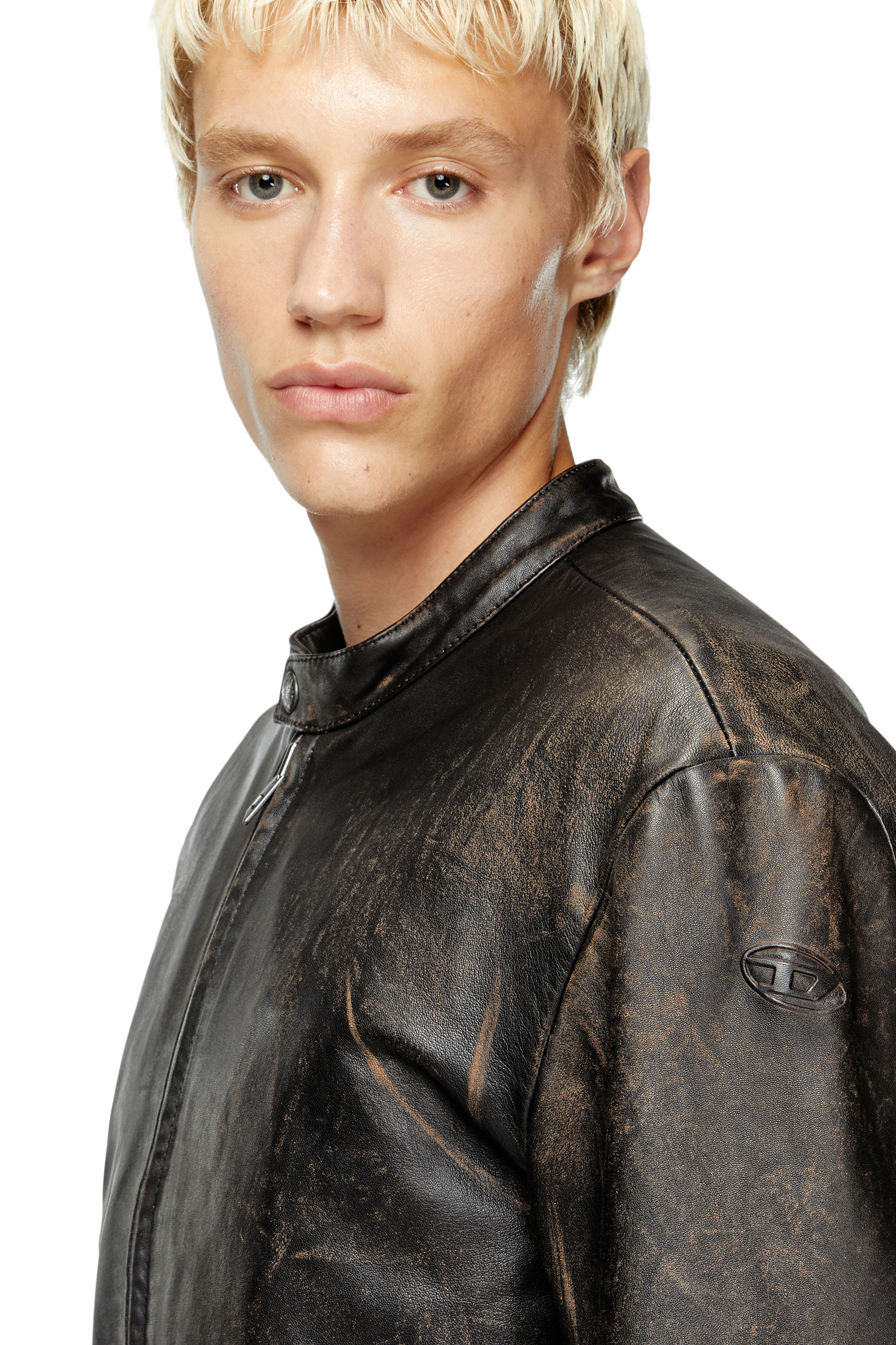 Diesel - L-AROSS, Man's Distressed leather biker jacket in Brown - 5