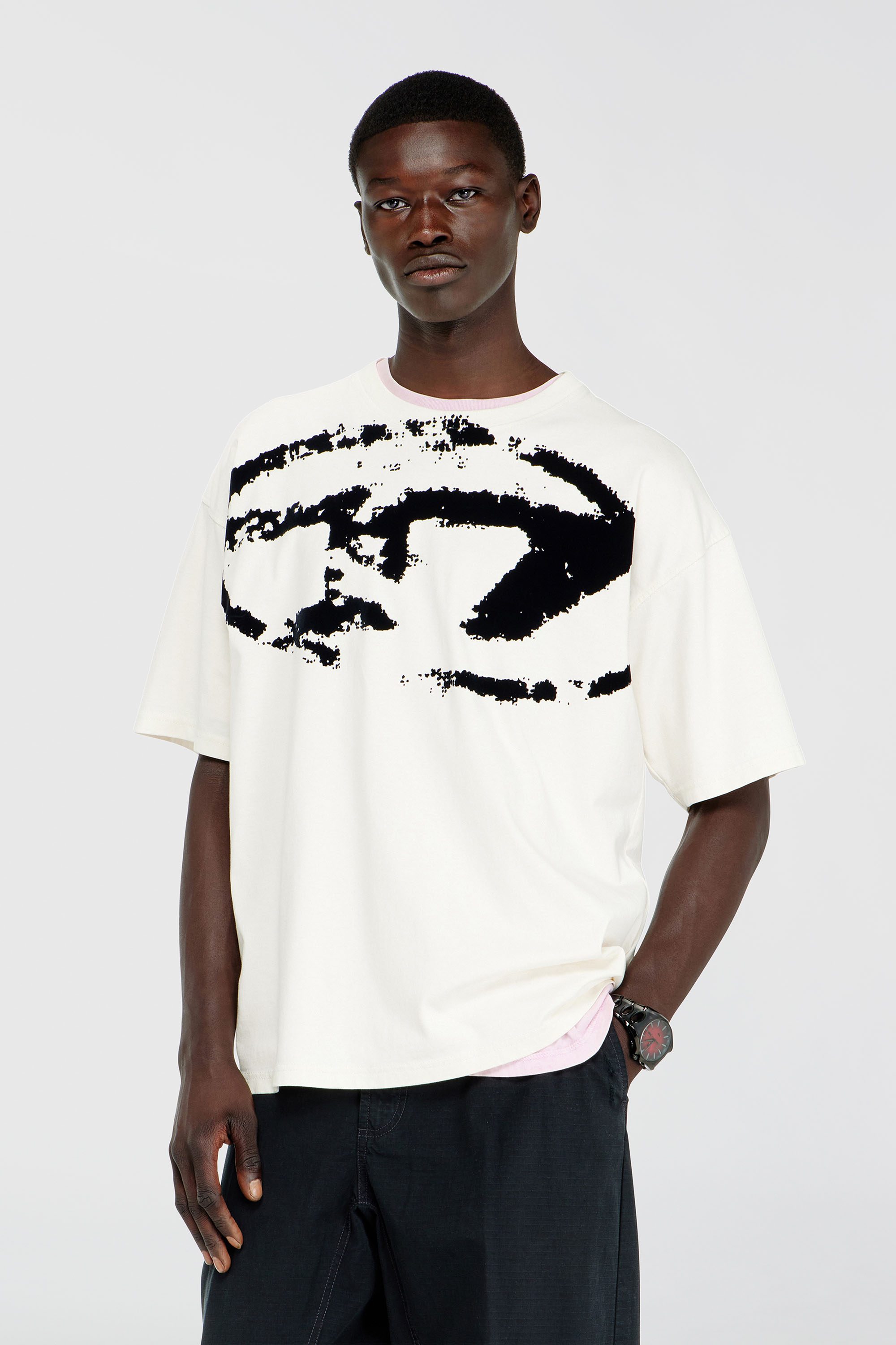 Diesel - T-BOXT-N14, Man's T-shirt with distressed flocked logo in White - 1