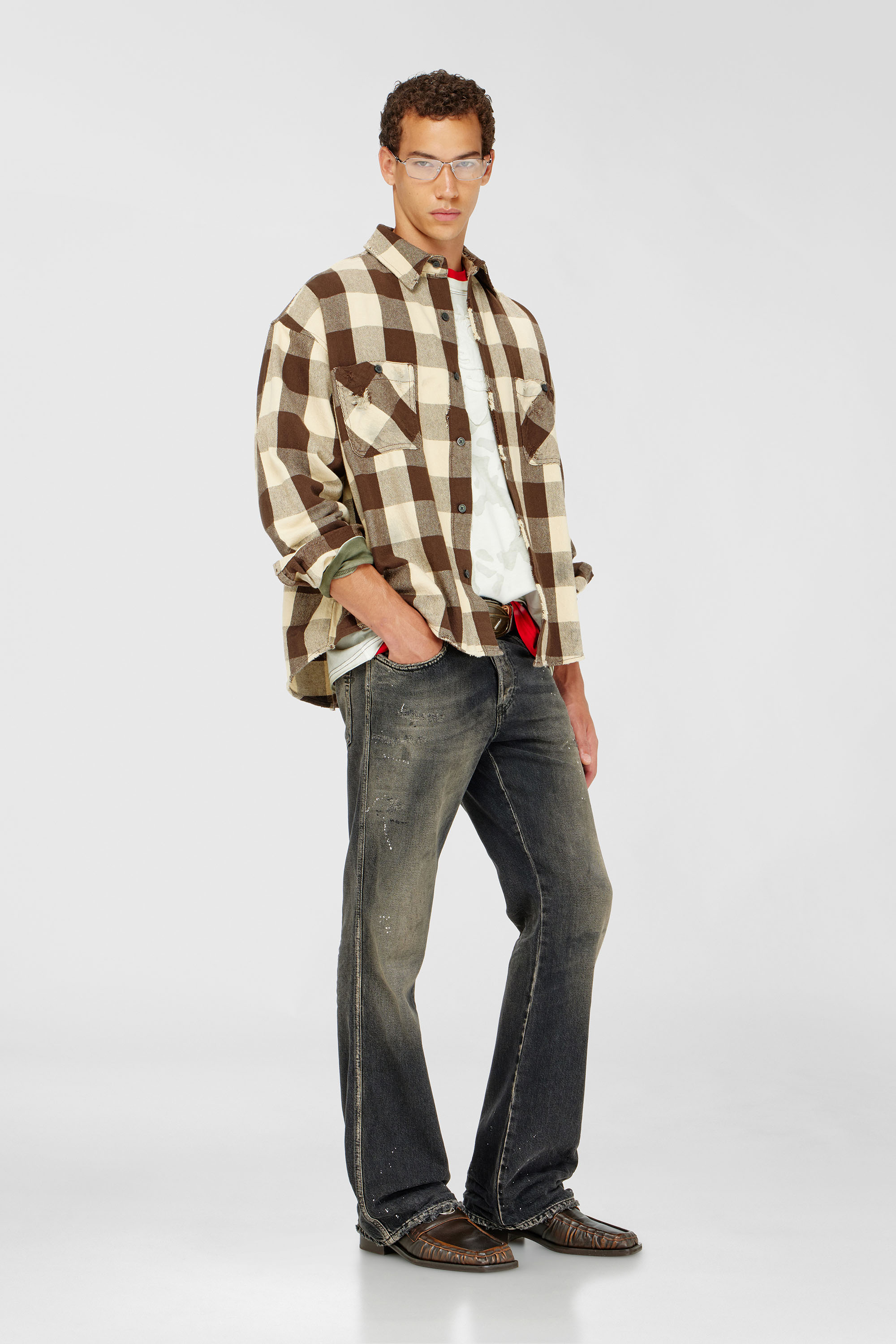 Diesel - S-DRUM, Man's Check flannel shirt with distressed effect in Beige/Brown - 1