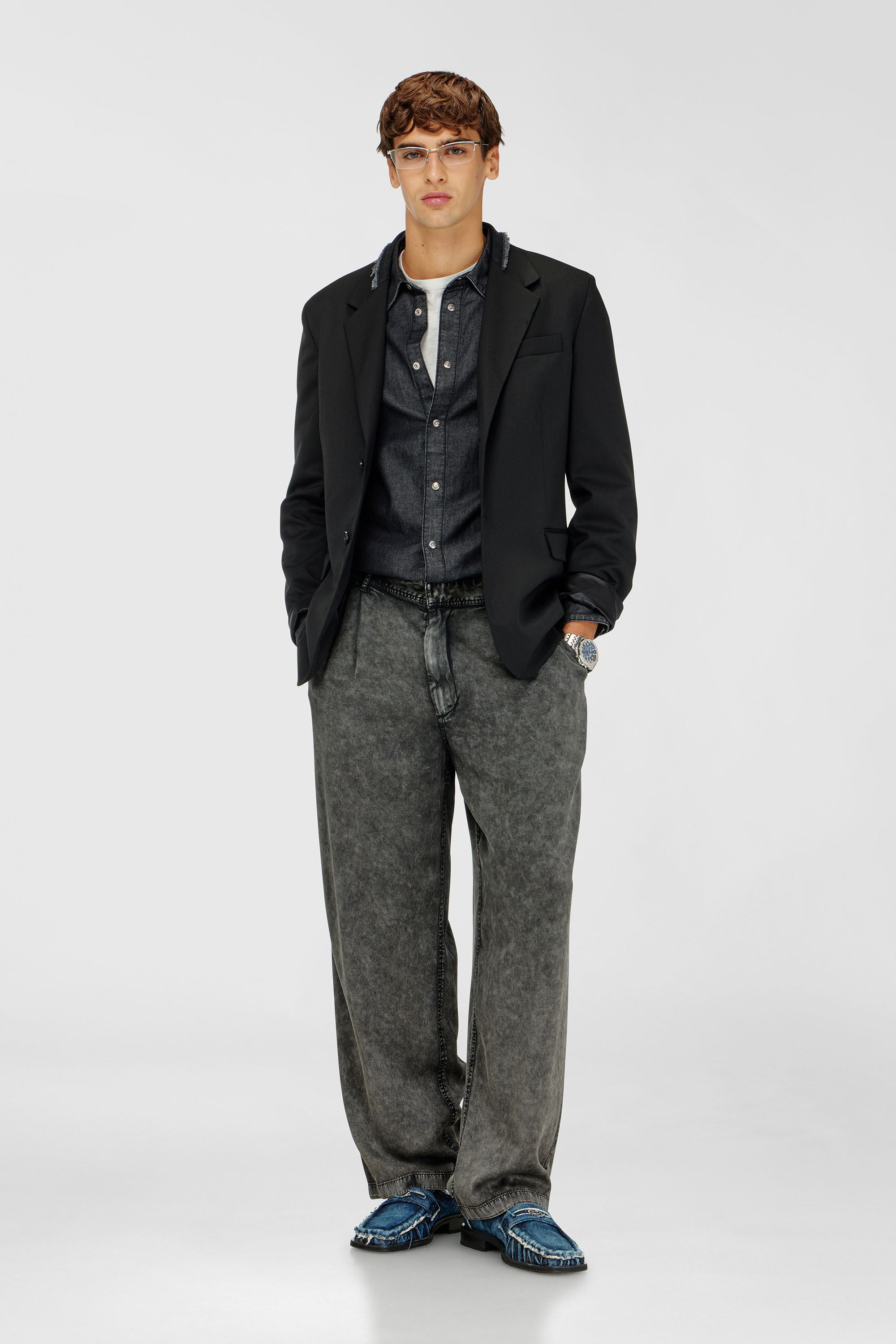 Diesel - P-FAUST-NIBC, Man's Wide-leg pants in denim-effect viscose in Black - 1