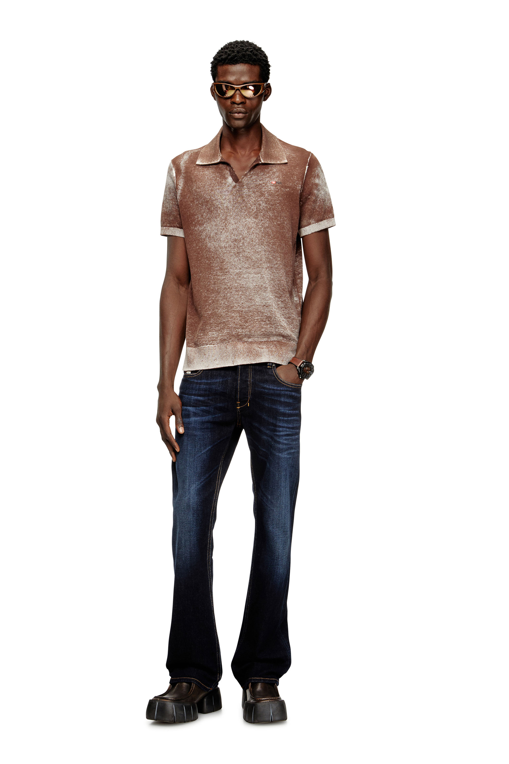 Diesel - K-LAWRIE, Man's Knit polo shirt with faded reverse print in Brown - 2