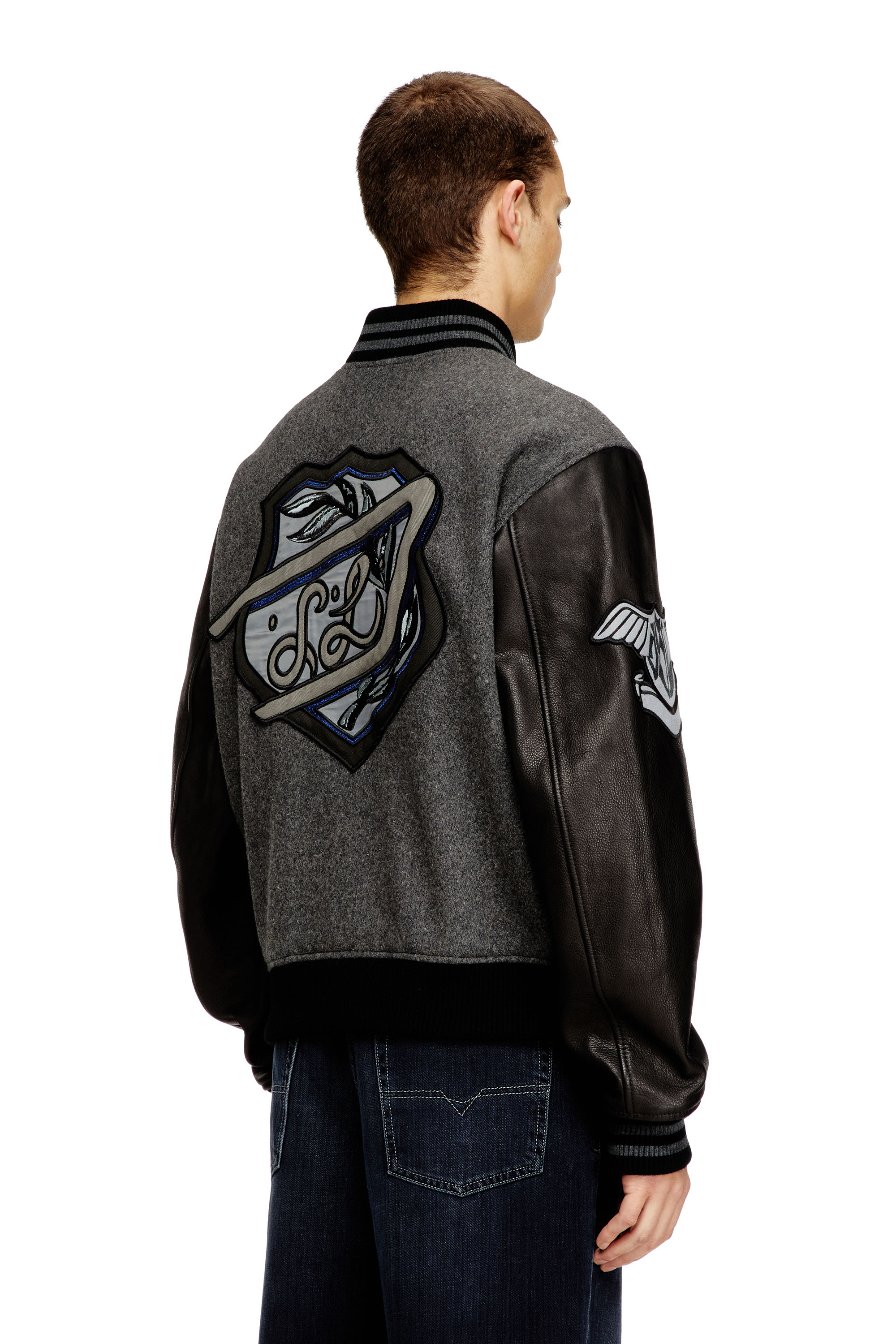 Diesel - L-ARRY-CP, Man's Cropped varsity jacket in wool and leather in Black/Grey - 4