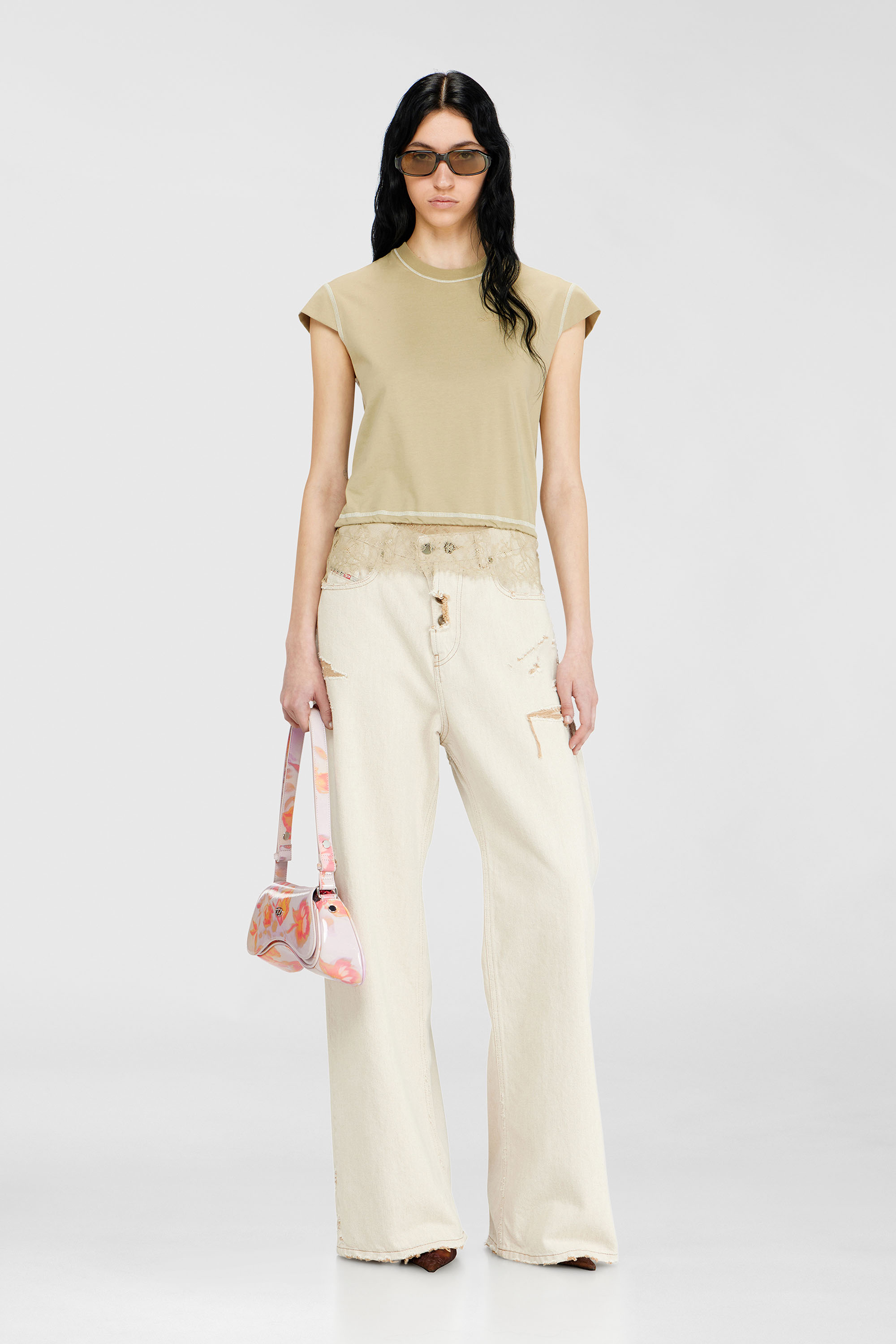 Diesel - T-LUNA, Woman's Jersey t-shirt with lace hem in Beige - 1