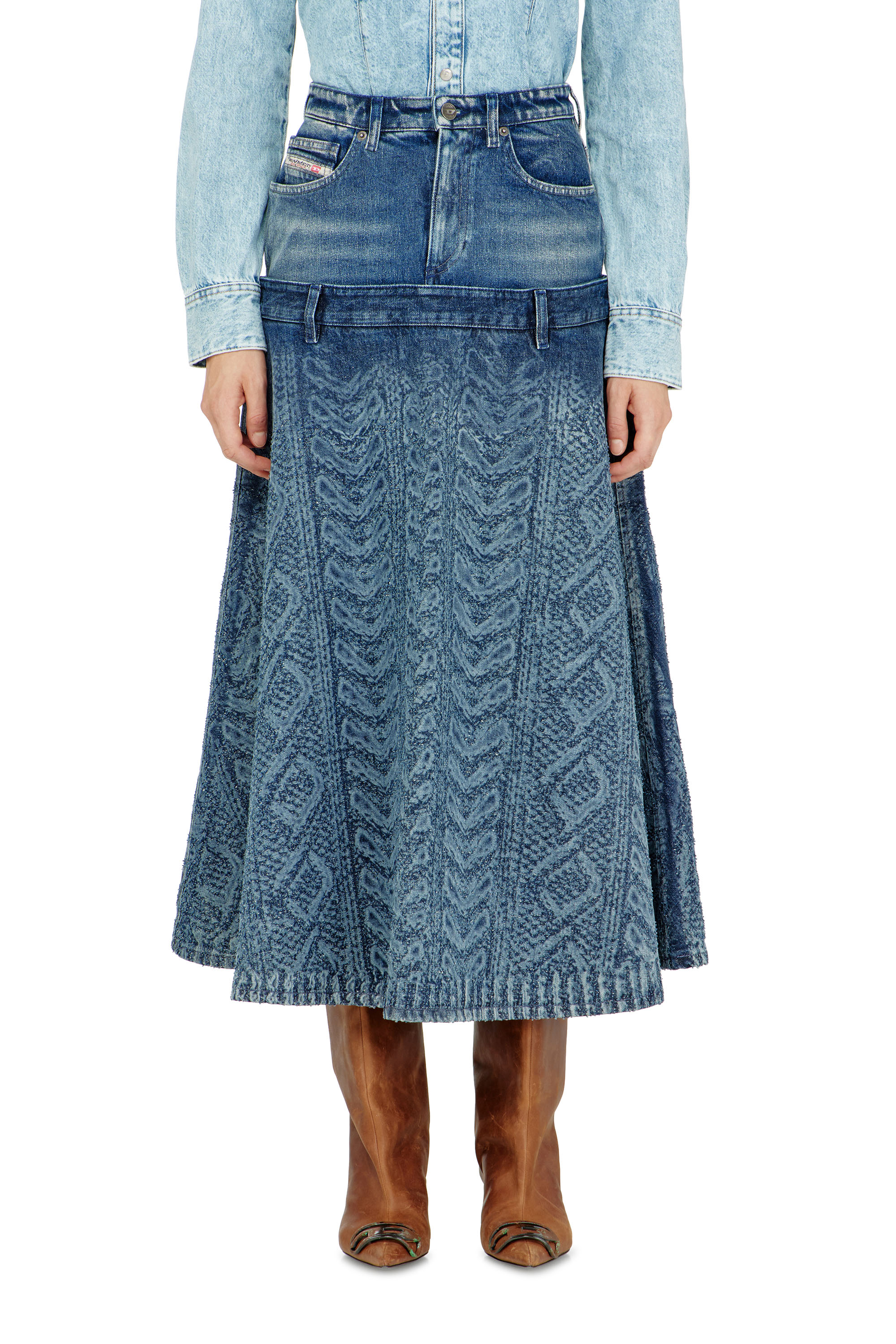 Diesel - DE-VORYA-S1, Woman's Midi skirt in cable-knit-effect denim in Dark Blue - 2