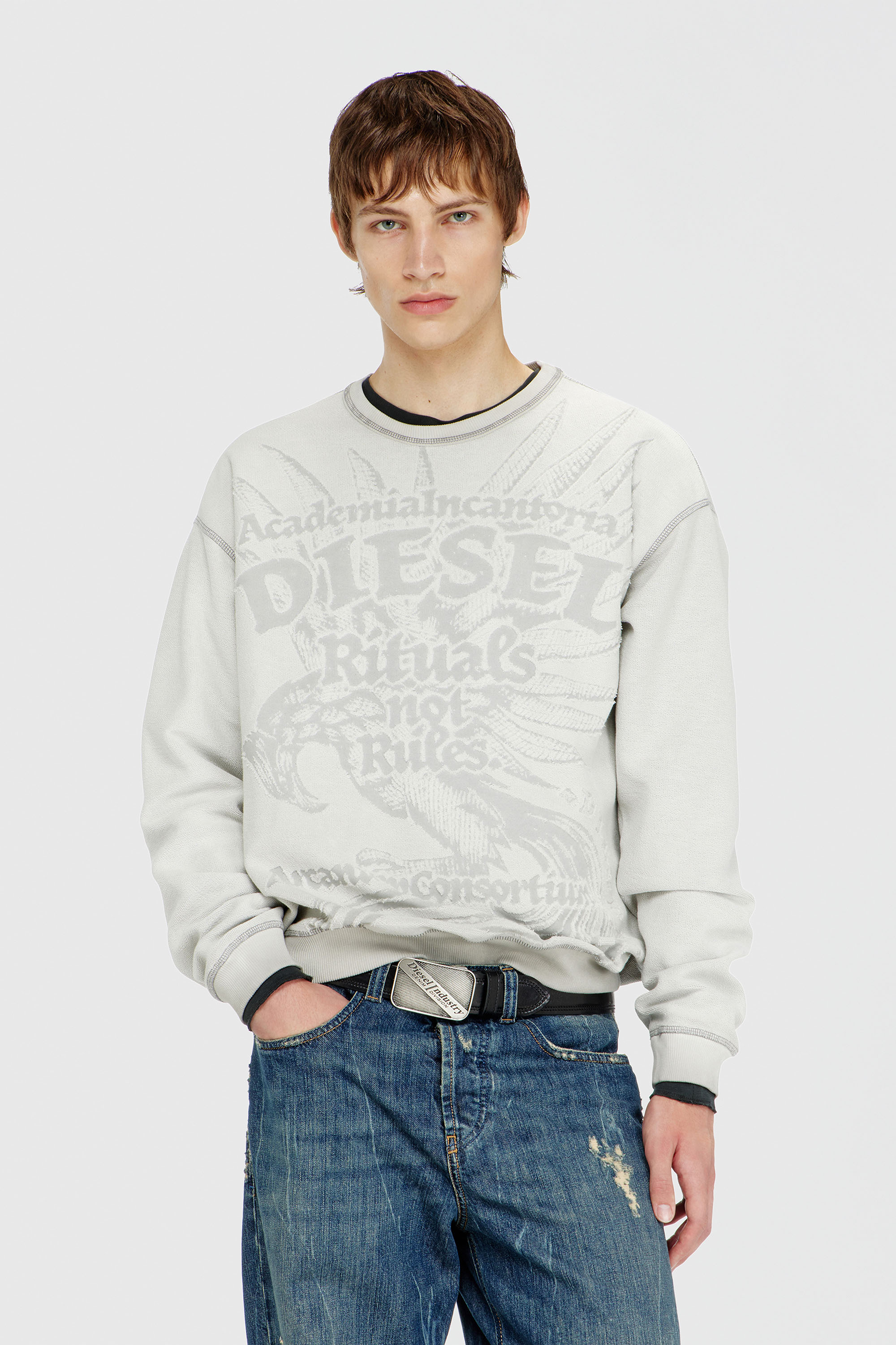 Diesel - S-ARON-RAW, Man's Sweatshirt with d&eacute;vor&eacute; print in Light Grey - 1