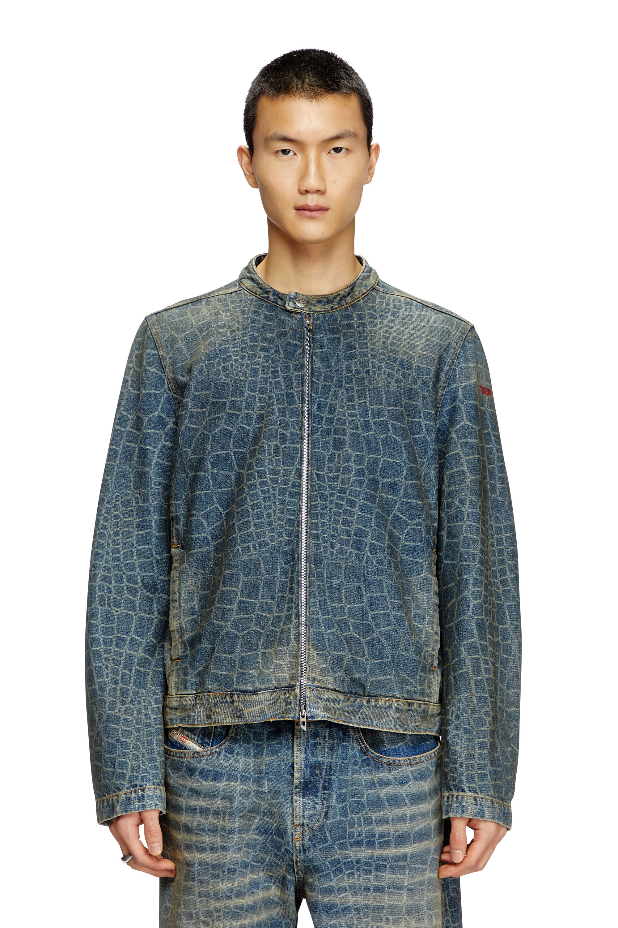 Diesel - CL-D-GLORY-SNAKE, Man's Moto jacket in snake-print denim in Dark Blue - 2