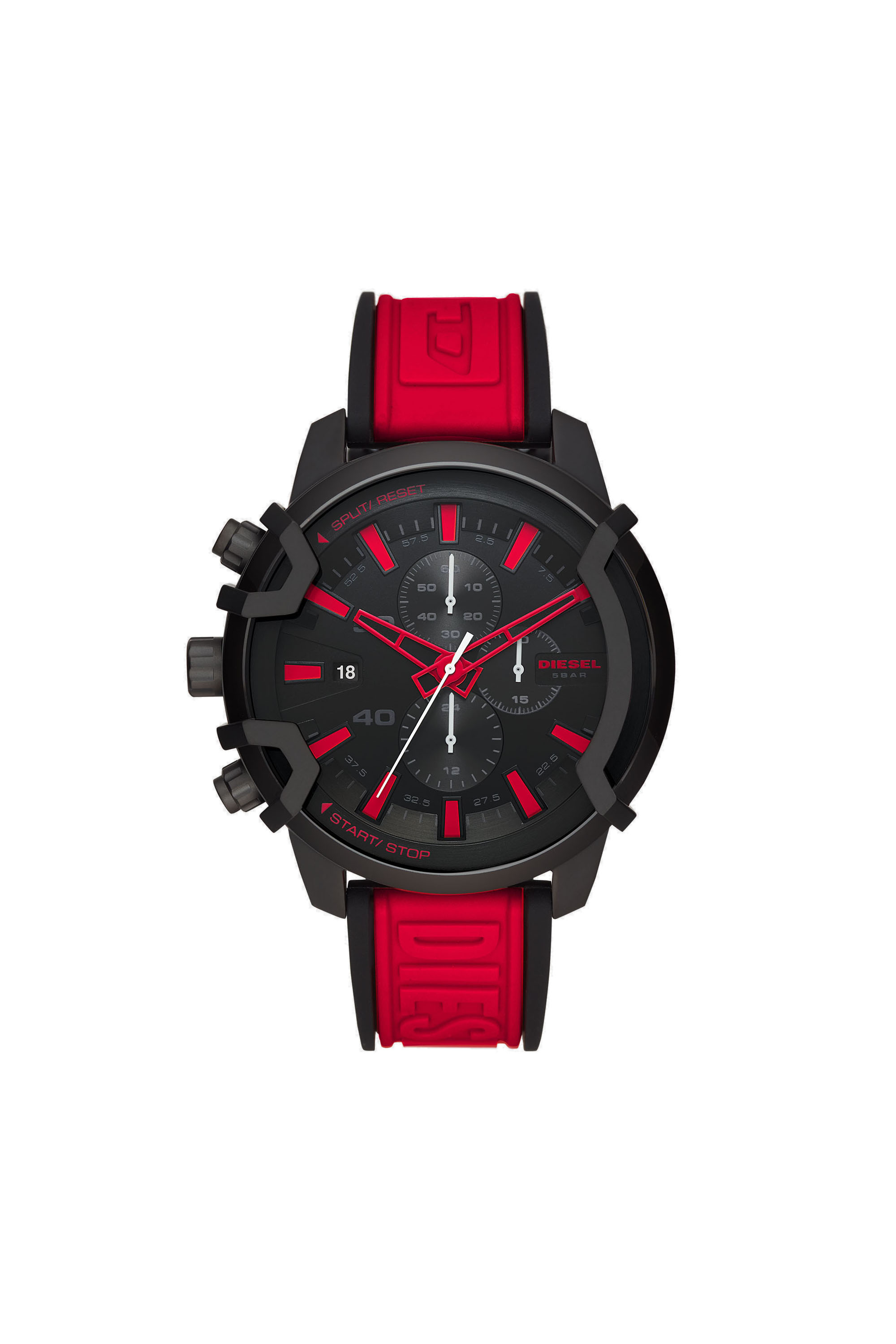 Diesel - DZ4530, Man's Griffed Chronograph Red Silicone Watch in Red/Black - 1