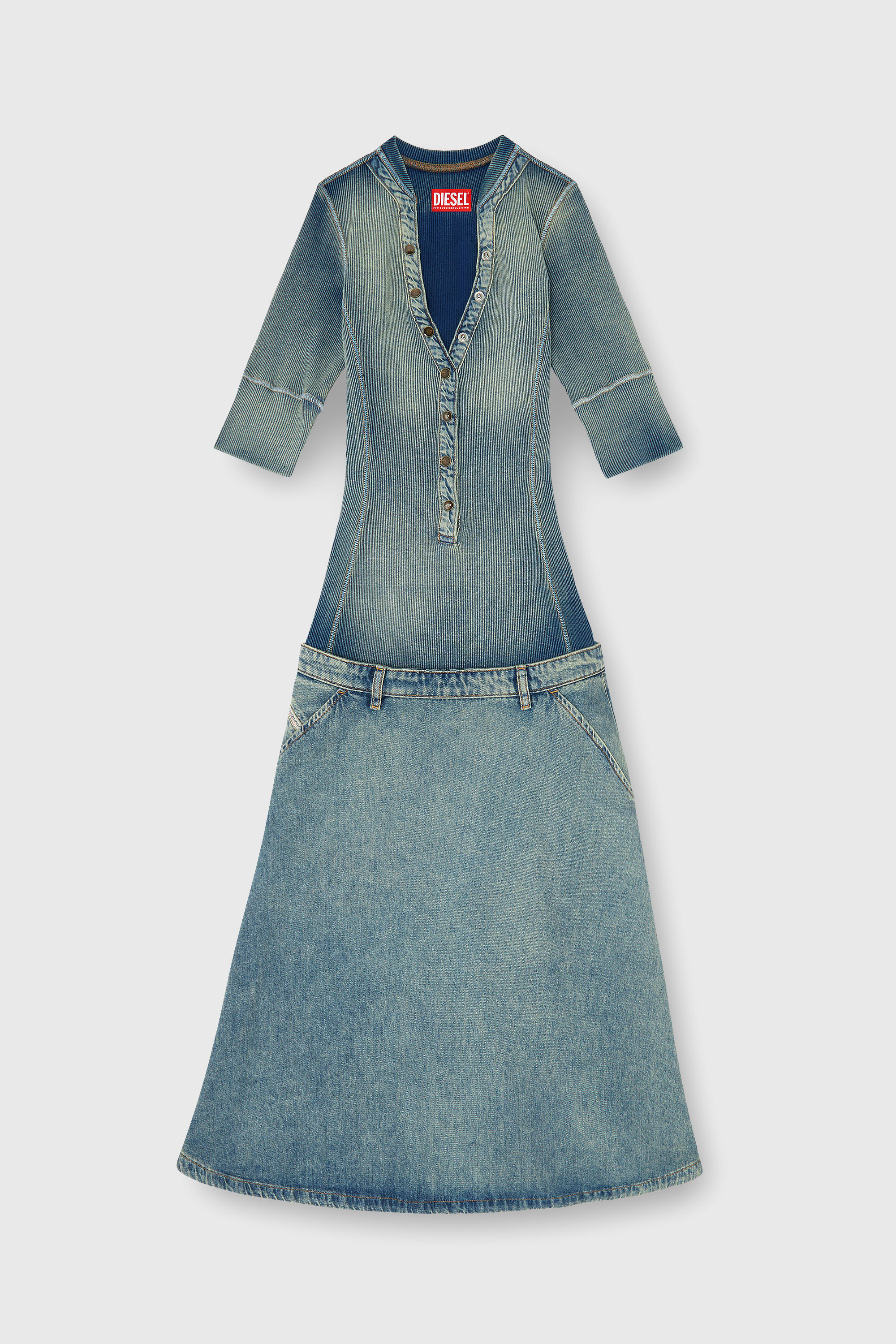 Diesel - DE-ANIM-S, Woman's Drop-waist midi dress in knit and denim in Medium blue - 1
