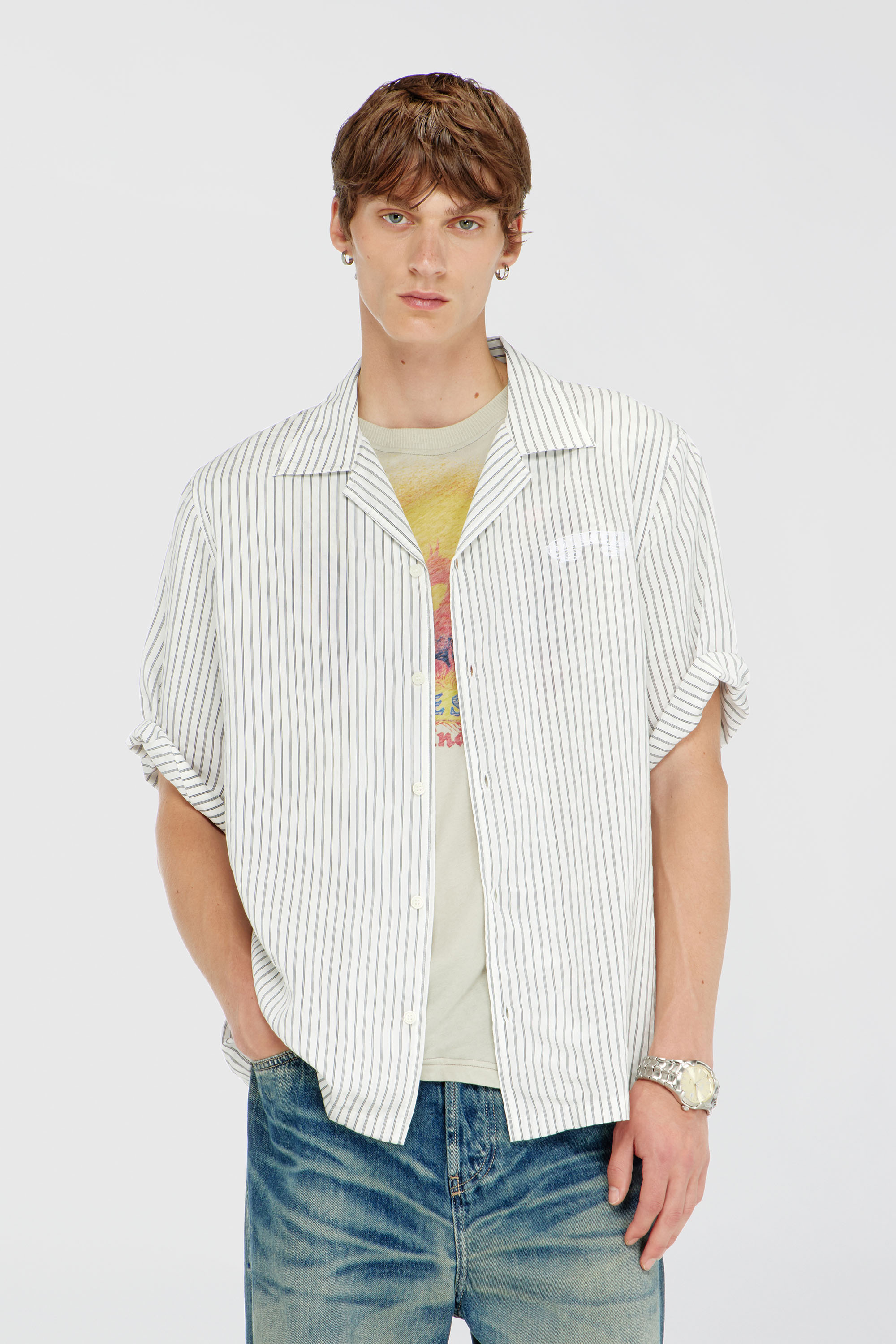 Diesel - S-MAC-EFBV, Man's Half-sleeve shirt in pinstripe modal in White/Grey - 1