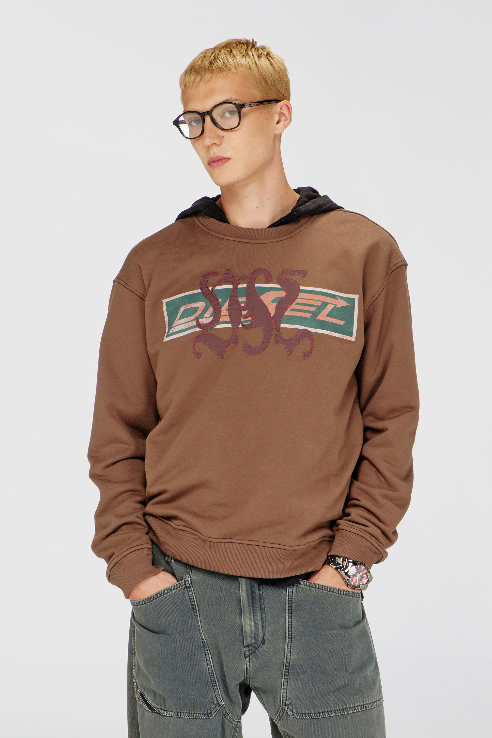 Diesel - S-NORM-AA6, Man's Sweatshirt with graphic prints and patches in Brown - 1