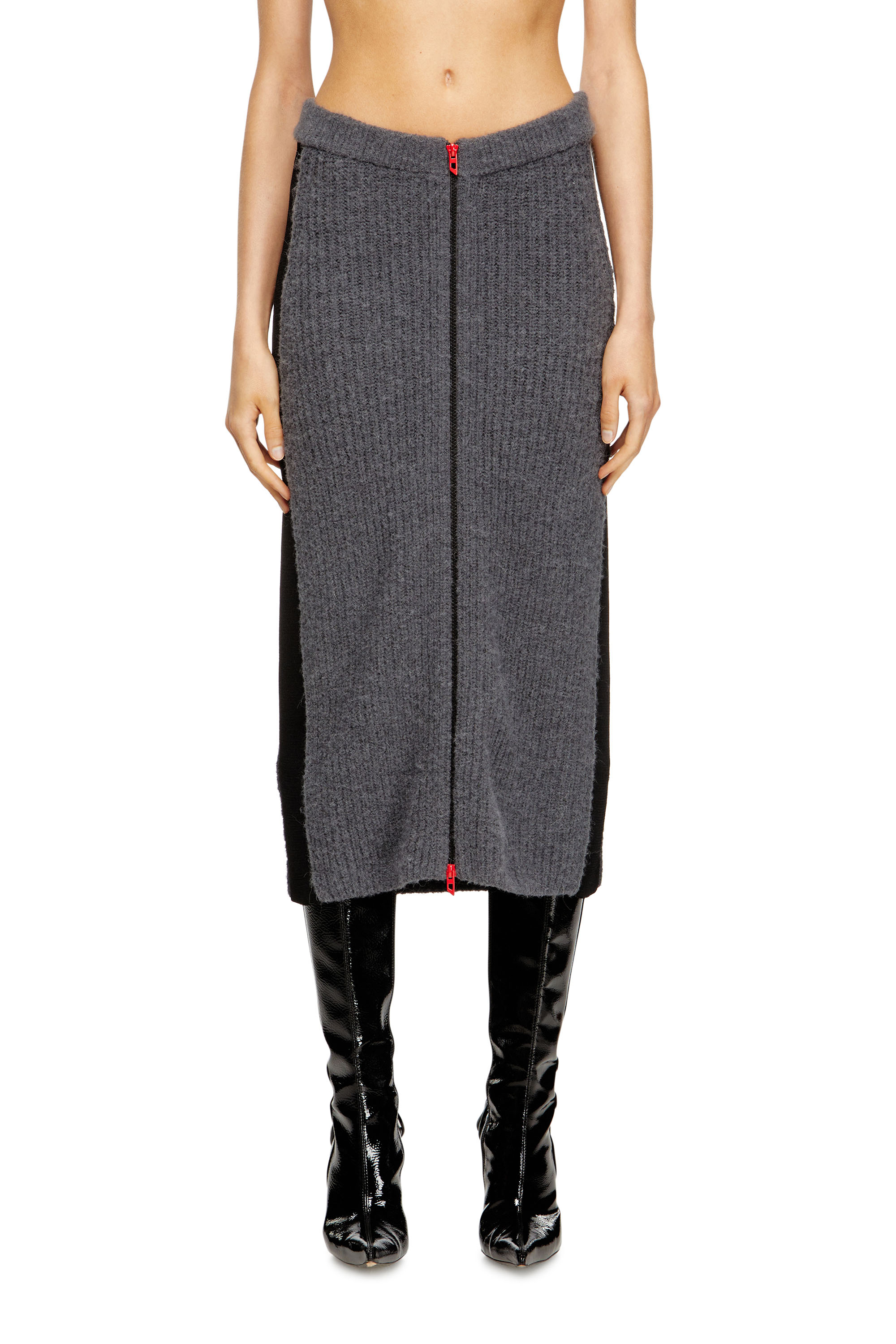 Diesel - M-LOUSI, Woman's Midi skirt in alpaca with front zipper in Grey - 3