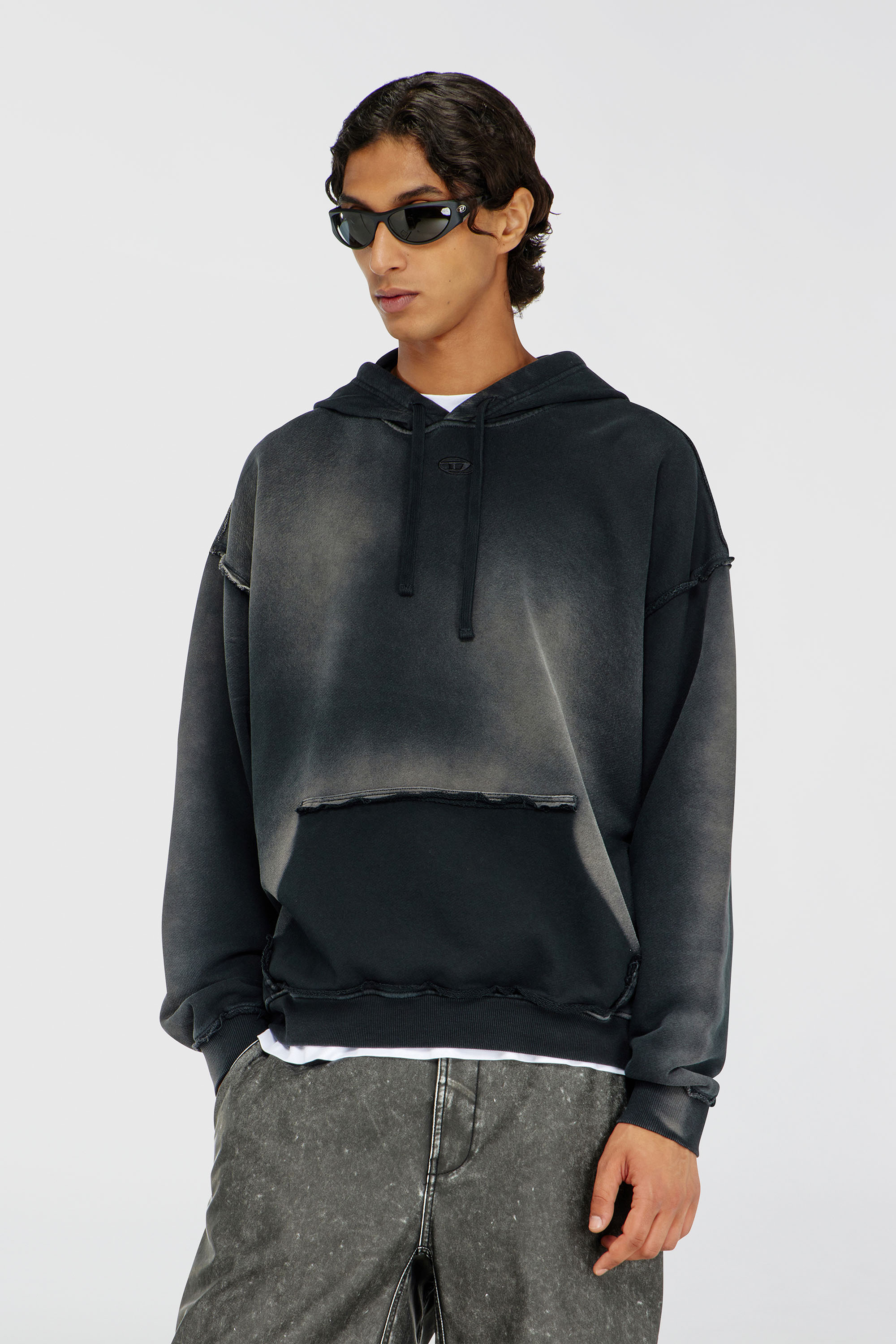 Diesel - S-POCK-HOOD, Man's Faded cotton hoodie with frayed details in Black/Grey - 1